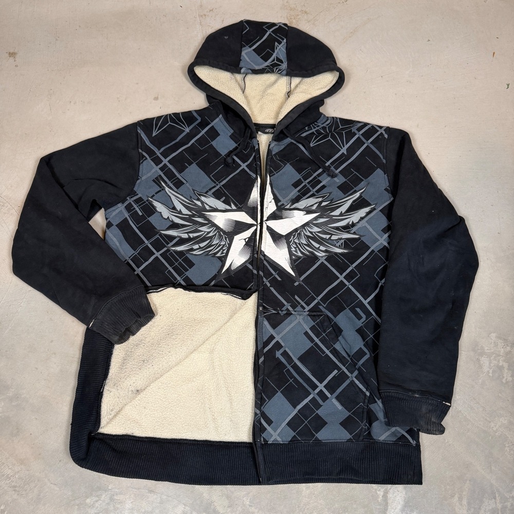 Hybrid Tees Mens Black Winged Star Sherpa Lined Full Zip Hoodie Size M Y2K Goth